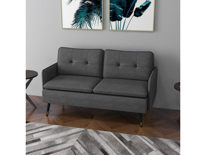 Canapé 2 places style Chicyla-déco dossier effet capitonné piètement incliné effilé métal noir extrémités dorées tissu anthracite PCZQ69467