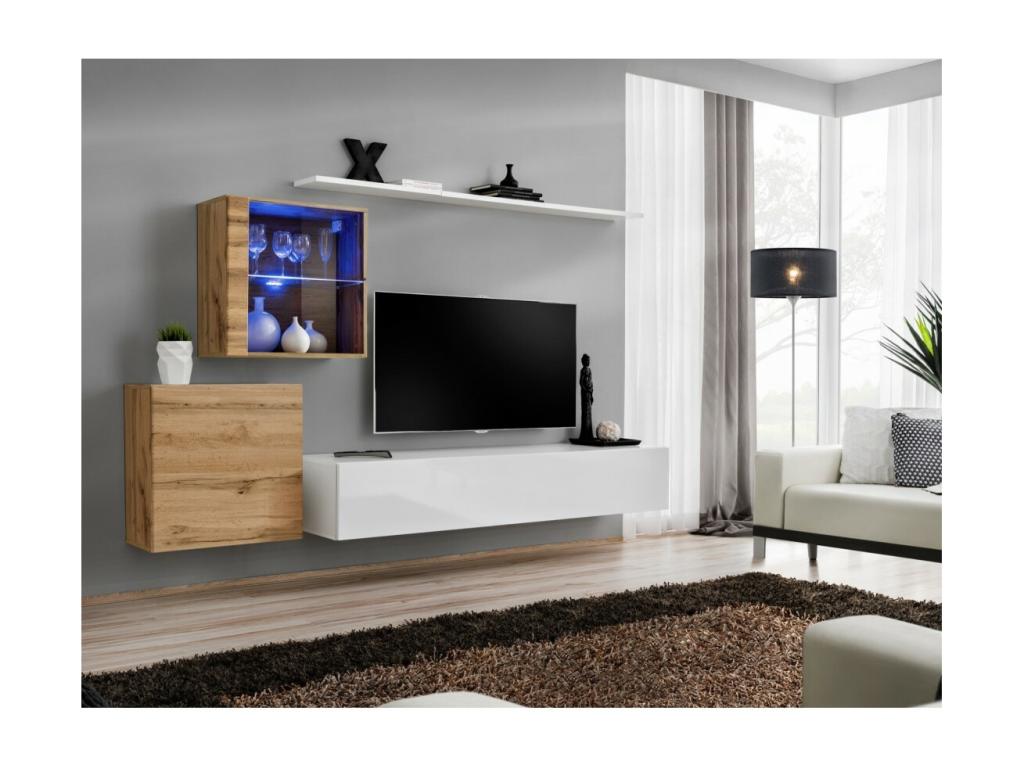 Ensemble meuble salon mural SWITCH XV design Couleuris blanc brillant et chêne Chicyla. ZRVI68254