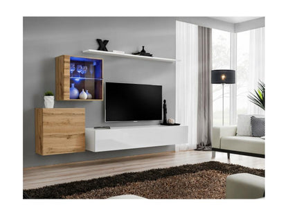 Ensemble meuble salon mural SWITCH XV design Couleuris blanc brillant et chêne Chicyla. ZRVI68254