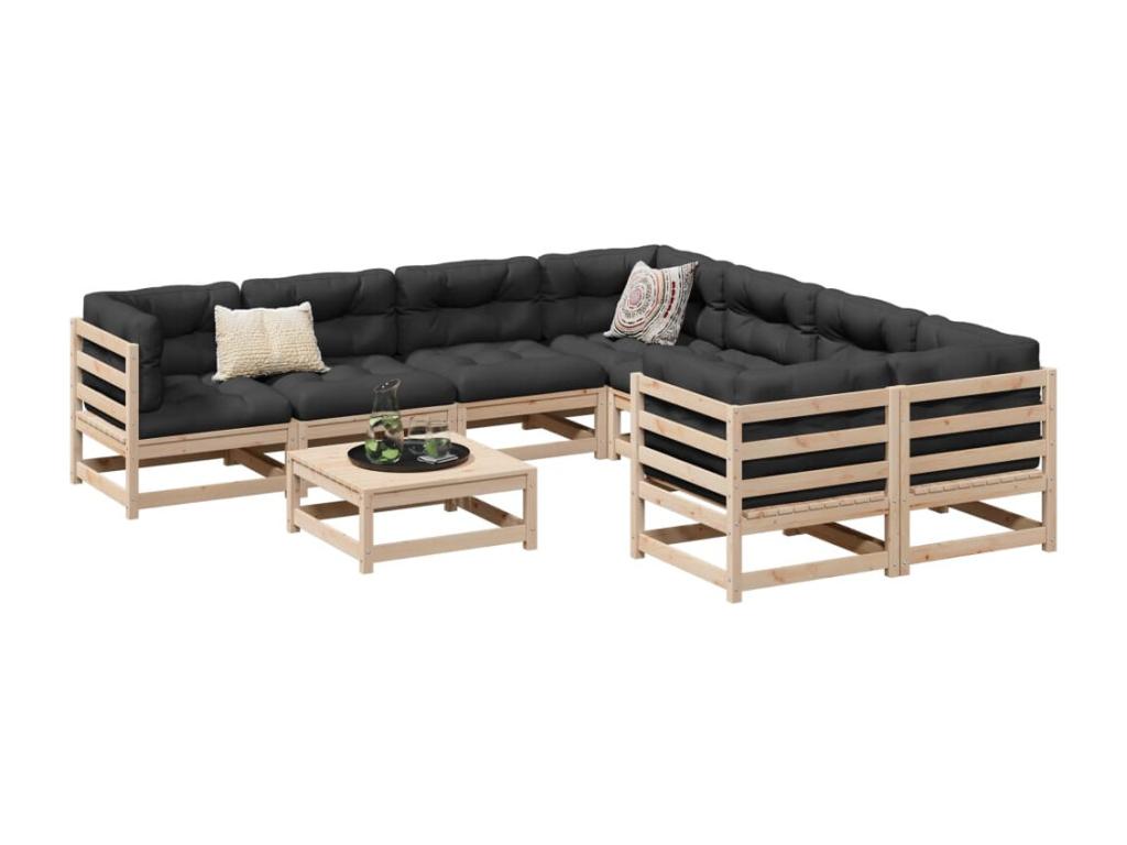 Salon de jardin 9 pièces avec coussins bois de pin massif IHNI38847