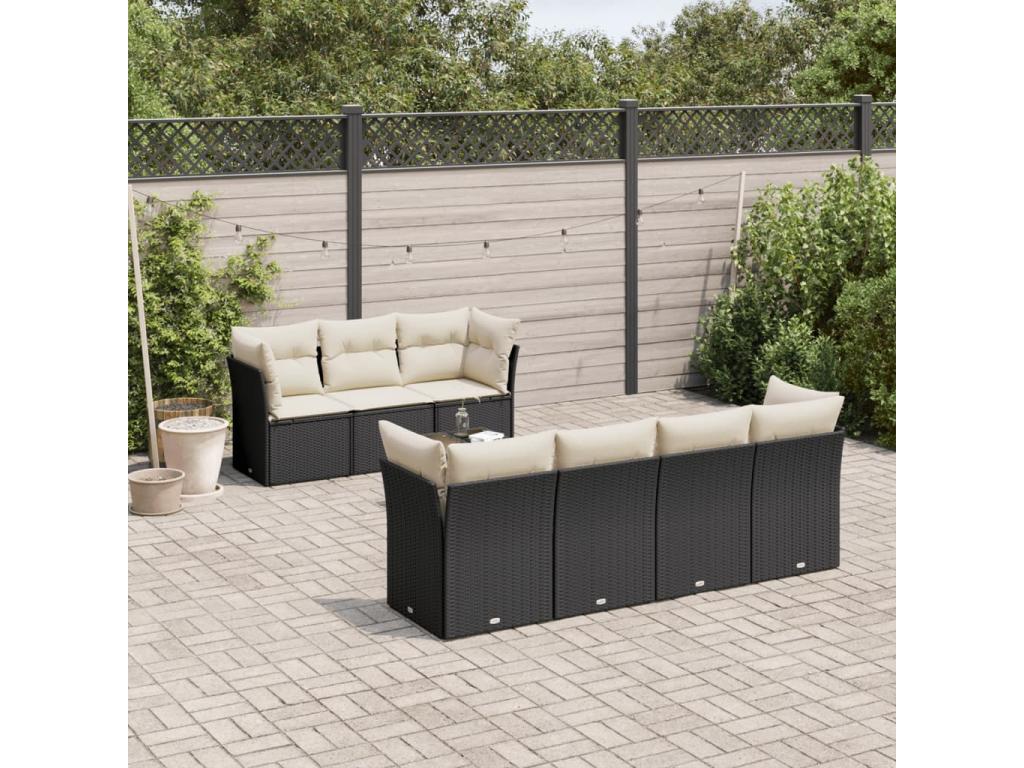 Salon de jardin 8 pcs avec coussins noir résine tressée WQZN20159